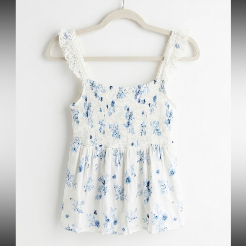 Reformation Blue Floral Ruffle Blouse